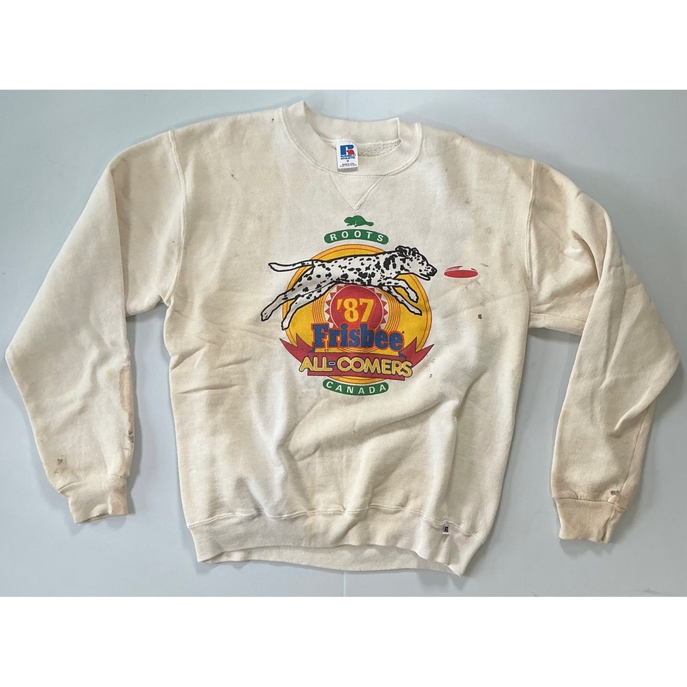 VTG USA Made 80s Russell Athletic Dog Canada Frisbee Sweatshirt M Distressed